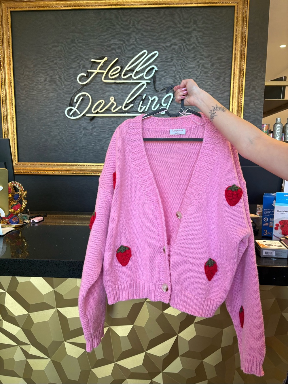 Pink Strawberry Embroidered V-Neck Cardigan Sweater